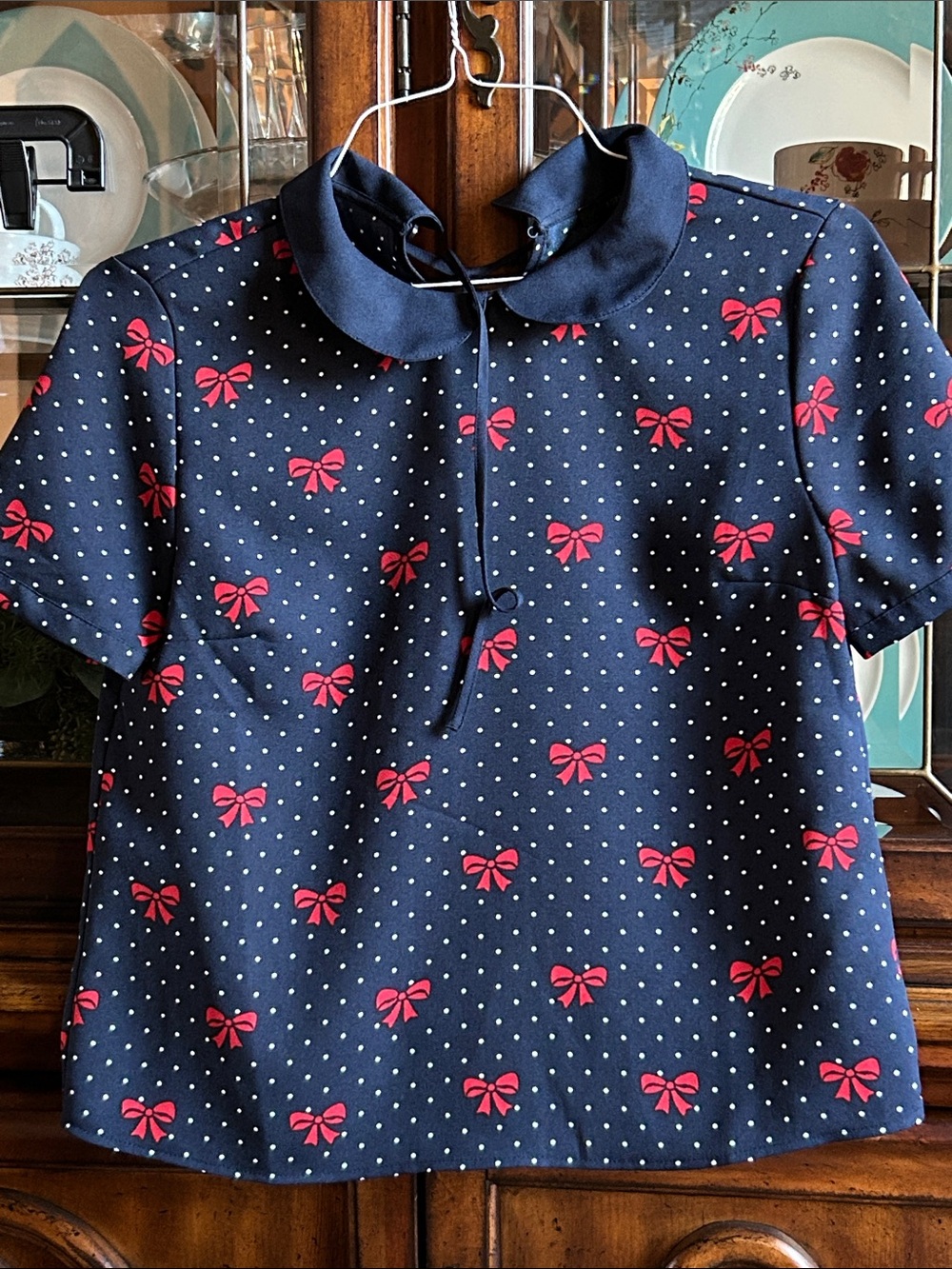 Forever 21 Navy Short Sleeve Top with Red Bow Print and White Polka Dots